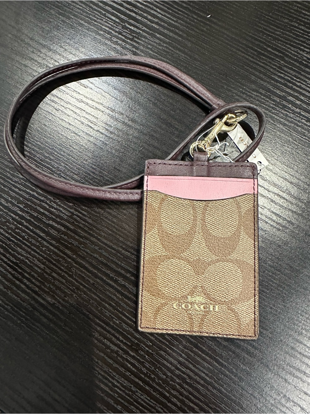 Coach Card & Lanyard ID Holder in Brown and Pink
